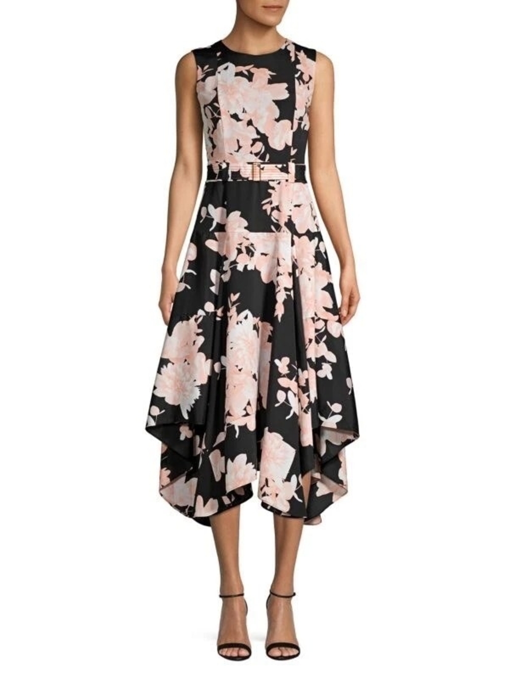 Calvin Klein Black/Blush Floral Fit & Flare Dress - Size 10 Hankerchief/High Low